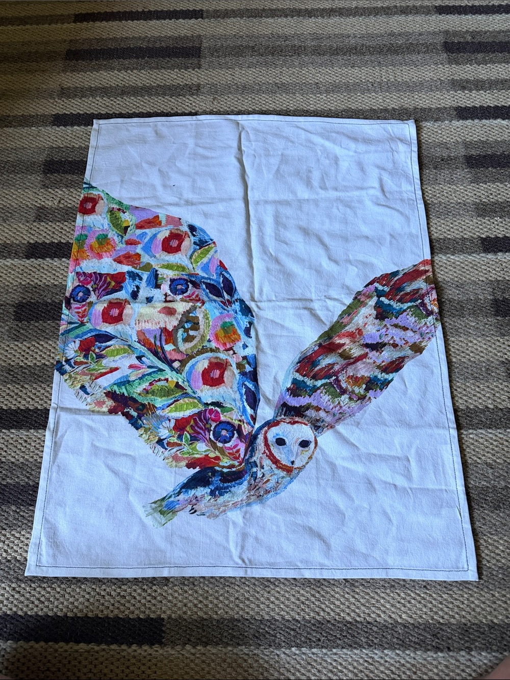 Anthropologie Colorful Floral Owl Kitchen Towel - White Multi
